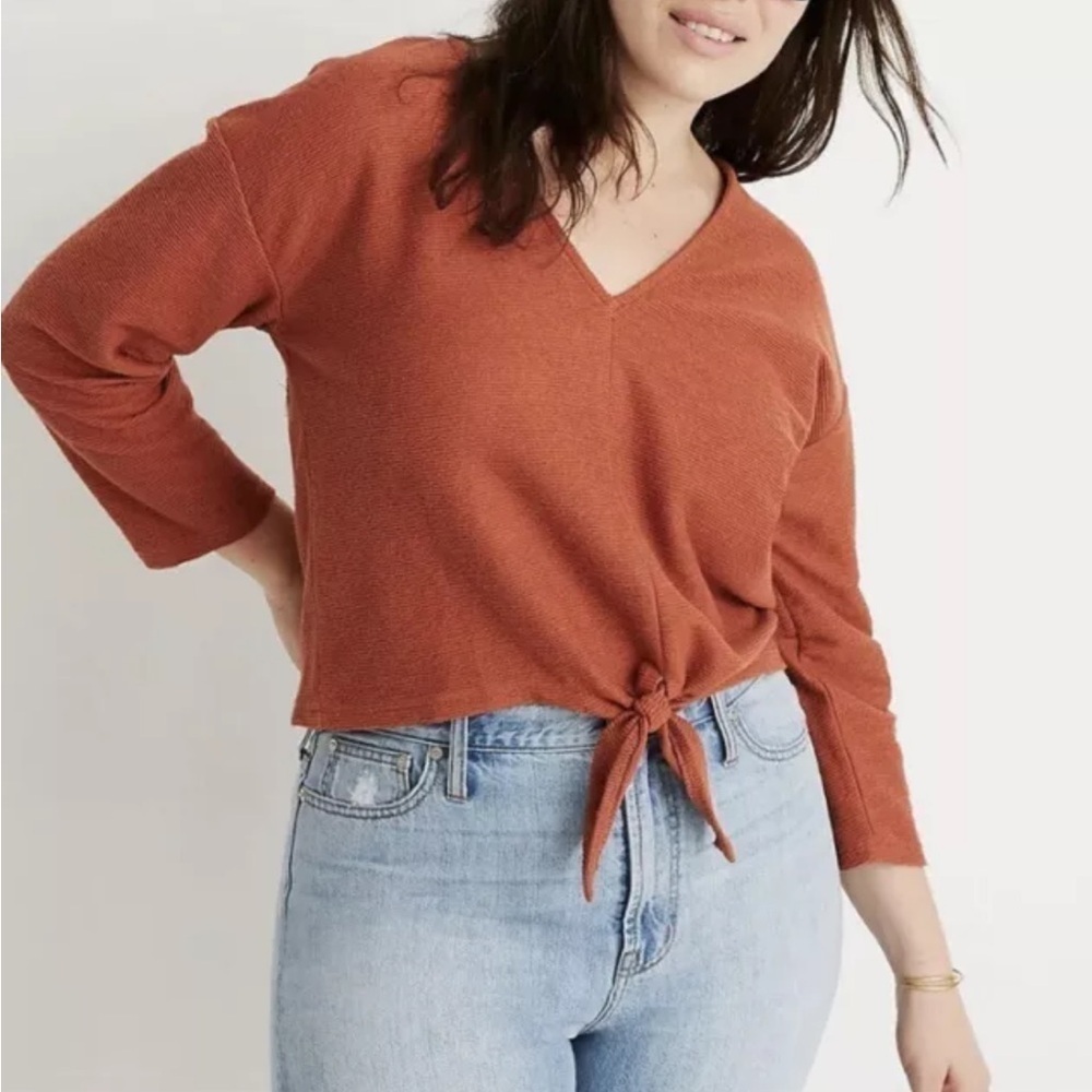 Texture & Thread Madewell Women Sz L Sweatshirt Burnt Orange Front Tie V Neck - Picture 2 of 12